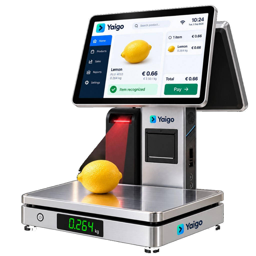 TPV Báscula AI Yaigo: doble pantalla 15.6 pulgadas, báscula 15 kg y cámara de reconocimiento