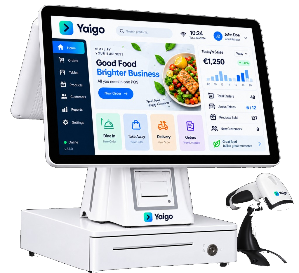 TPV Pro Yaigo: doble pantalla 15.6 pulgadas, impresora, escáner y cajón para comercios