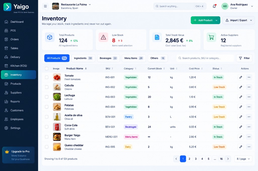 Yaigo: inventory with stock, SKUs, suppliers and low-stock alerts