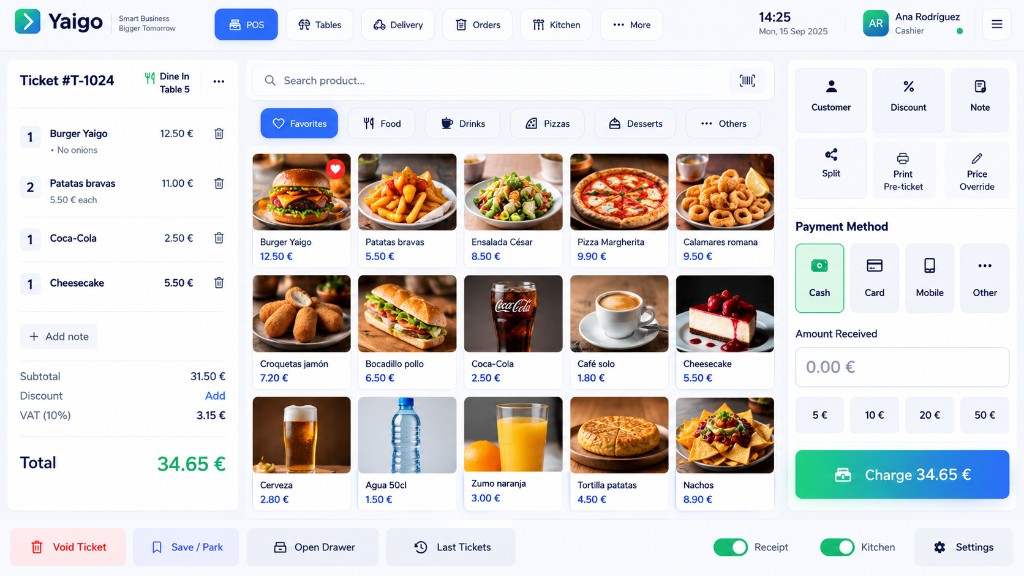 Yaigo POS: till with receipt, product menu and payment